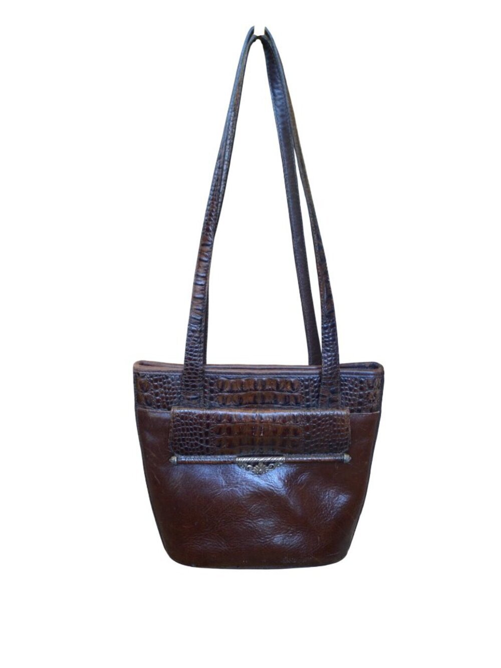 Vintage  90s Brighton Croc Embossed Leather Shoulder Bucket Bag Purse Black Brow